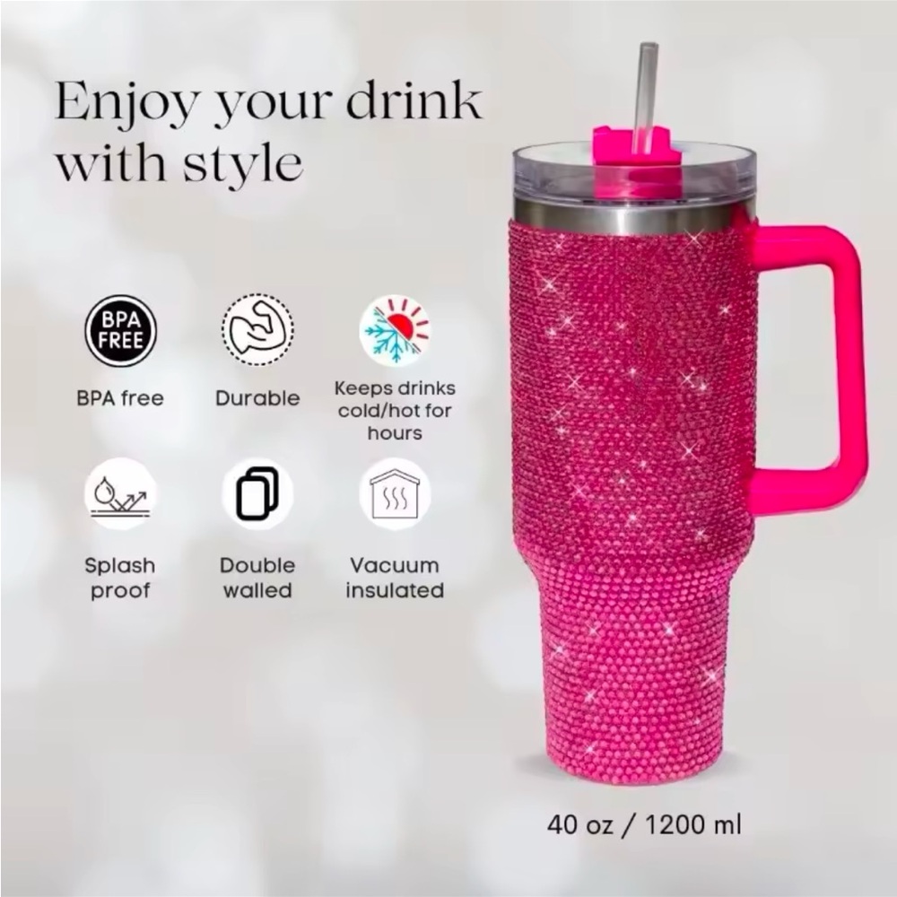 Hot Pink Bling Rhinestone Glam Diamond Tumbler Stainless Steel 40oz Cup - Picture 2 of 3